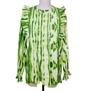 Samant Chauhan‎ Anthropologie Top S Green Tie Dye Ruffle Long Sleeve Blouse